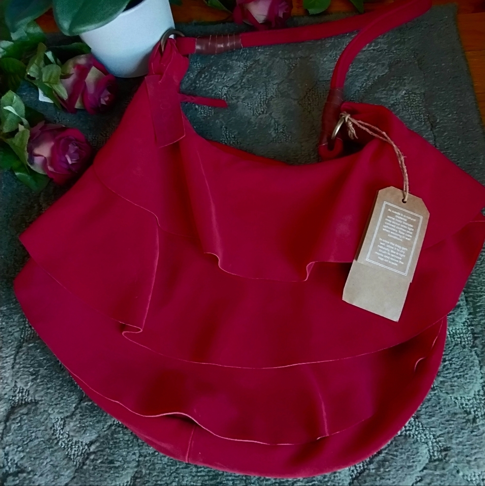 Mo&Co Red Tiered Suede Ruffle Shoulder Bag